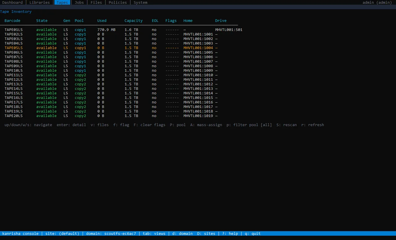 Tape Inventory — 20 LTO-5 tapes across two pools with capacity and status tracking