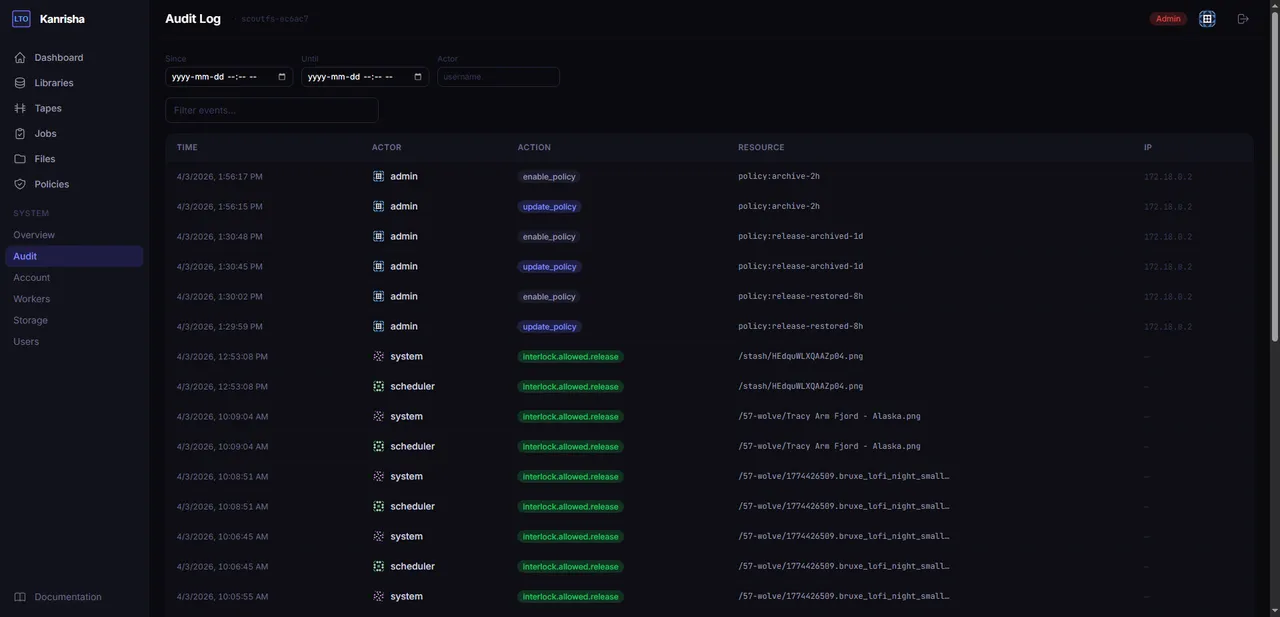 Web UI — Audit log showing timestamped user actions and system events