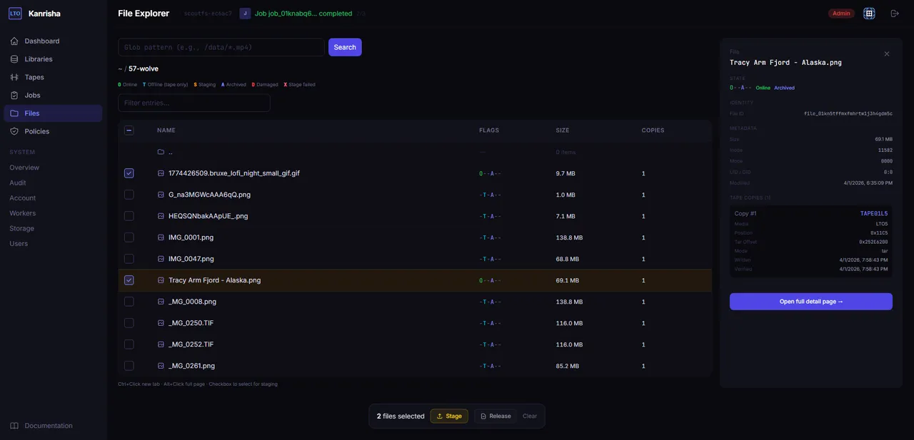 Kanrisha Web UI — file explorer showing archived files with status, size, and tape location